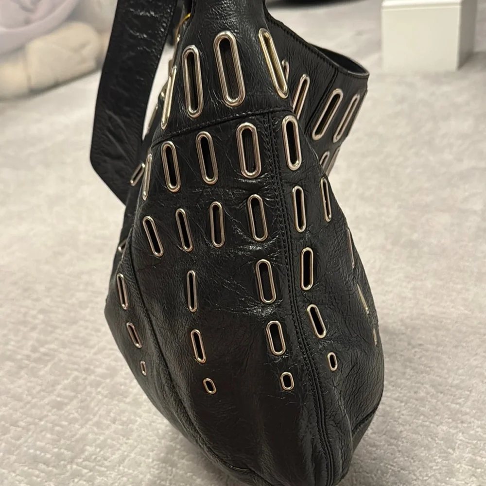 Jimmy Choo Black Leather Shoulder Bag with Metallic Embellishments